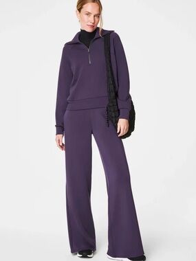 Spanx Air Essentials Half Zip & Wide Leg Pants Set Aubergine S Bottom/XS Top